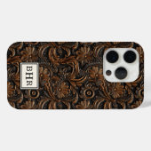 Antieke bruine bewerkte leren monogram Case-Mate iPhone case (Achterkant (horizontaal))