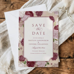 Antieke bruine hortensia bloemrijke tuin trouwfees save the date