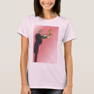 Antieke butler in smoking serveert wijn op dienbla t-shirt