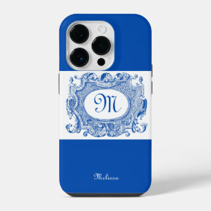 Antieke Cartouche Monogram Ontwerp Blauw iPhone 14 Plus Hoesje