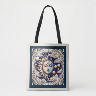 Antieke Celestial Half Sun & Moon Blauw Geel Tote Bag