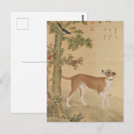 Antieke Chinese Greyhound Hond & Vogel Kunst Briefkaart