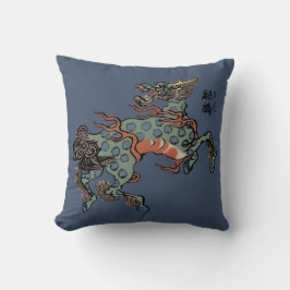Antieke Chinese Qilin op Blauwe Broekstof Blauw Kussen