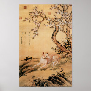 Antieke Chinese Windhond onder perzikbloesem Poster