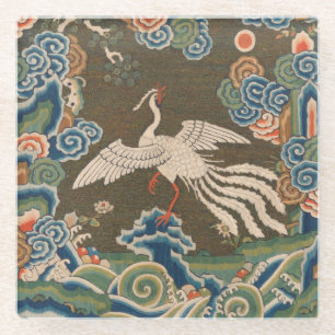 Antieke Chinese witte vogel zijde borduurwerk afdr Glazen Onderzetter