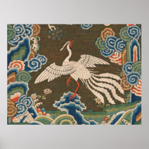 Antieke Chinese witte vogel zijde borduurwerk afdr Poster