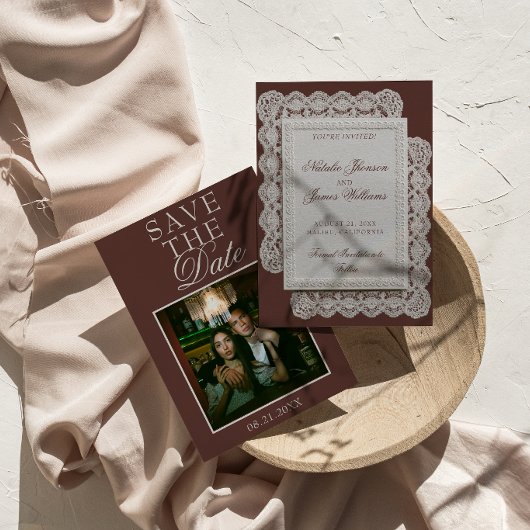 Antieke Chocolade Bruine Kant Foto Fancy Trouw Save The Date