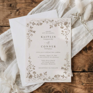 Antieke Chocoladebruine Franse Bloem Bruiloft Kaart