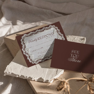 Antieke Chocoladebruine Kant Kleedje Retro Bruilof RSVP Kaartje
