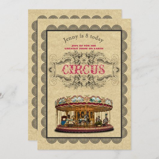 Antieke CIRCUS Feest Uitnodiging Rustiek (Voorkant / Achterkant)