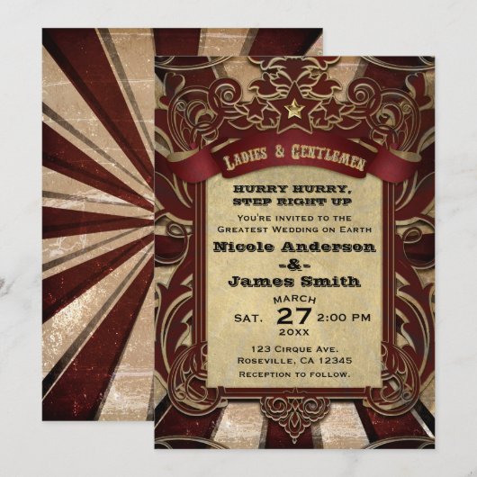 Antieke Circus Kermis Elegante Showtime Bruiloft Kaart (Voorkant / Achterkant)