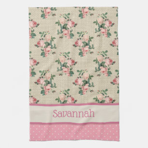 Antieke Cottage Rozen en Roze Stippen Theedoek