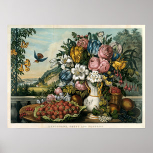 Antieke Currier & Ives Fruit En Bloemen Landschap Poster