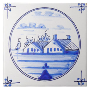Antieke Delfts Blauw Nederlandse Molen Zeilboot Tegeltje