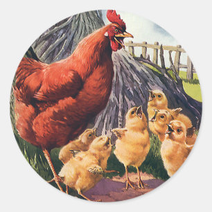 Antieke Dieren, Kip met Kuikens op de Boerderij Ronde Sticker