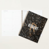 Antieke donkerbruine bewerkte leren monogramnaam planner (Display)