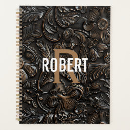 Antieke donkerbruine bewerkte leren monogramnaam planner