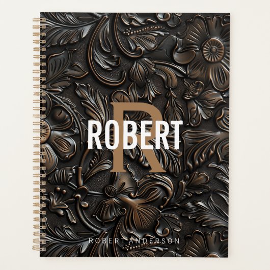 Antieke donkerbruine bewerkte leren monogramnaam planner (Voorkant)