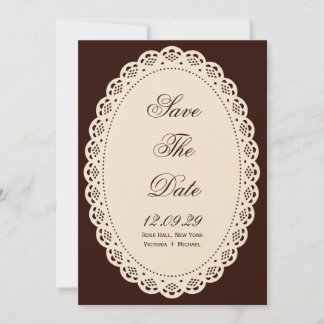 Antieke donkerbruine crèmekleurige kanten ovale on save the date