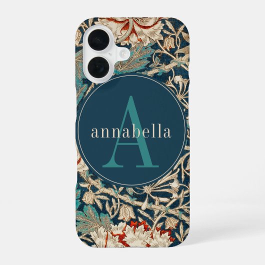 Antieke donkere William Morris Tapijt Monogram iPhone 16 Hoesje (Achterkant)