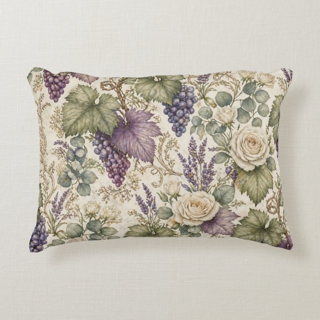 Antieke druiven, lavendel en witte rozen accent kussen (Voorkant)