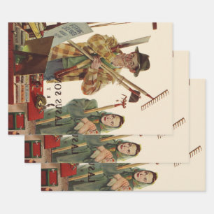 Antieke echtgenoot en echtgenote met tuingereedsch inpakpapier vel