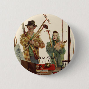 Antieke echtgenoot en echtgenote met tuingereedsch ronde button 5,7 cm