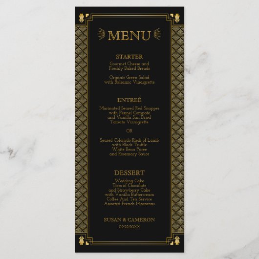 Antieke Elegante Art Deco Zwarte Gouden Huwelijksm Menu (Voorkant)