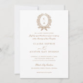 Antieke Elegante Bladkrans Monogram Wapen Huwelijk Kaart (Voorkant)