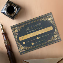 Antieke Elegante Blauwe Goud Calligrafie Bruiloft