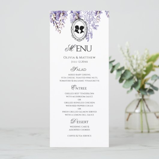 Antieke Elegante Bloemen Regency Trouwmenu Programmakaart (Staand voorkant)