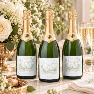 Antieke Elegante Groene Zwaan Crest Tuin Bruiloft Sparkling Wijnetiket