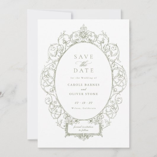 Antieke Elegante Sier Bloem Kader Bewaar Datum Kaart (Voorkant)