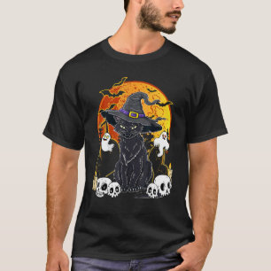 Antieke Enge Halloween Zwarte Kat Heksenhoed T-shirt