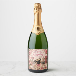 antieke Engelse pug verjaardag Sparkling Wijnetiket