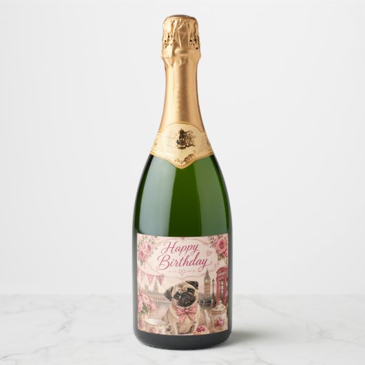 antieke Engelse pug verjaardag Sparkling Wijnetiket (Voorkant)