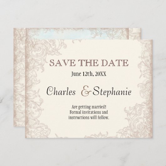 Antieke Engelse Roos Bloemige Wervelende Huwelijks Save The Date (Voorkant / Achterkant)