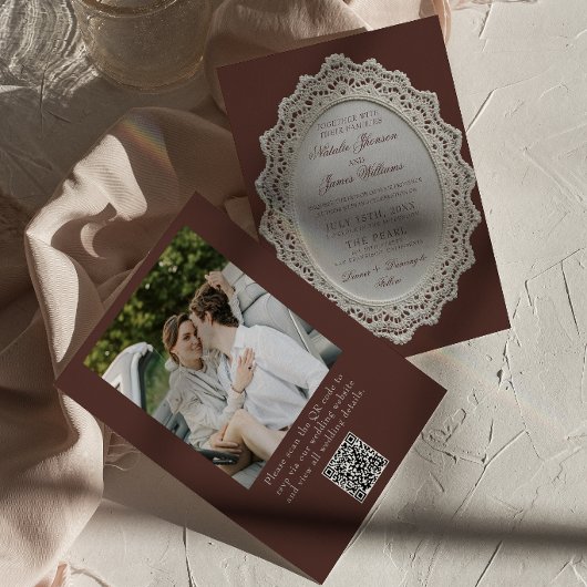Antieke Espresso Kantwerk QR Code Foto Bruiloft Kaart