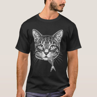 Antieke ets Kattenkop met Vissenbot-Skelet T-shirt