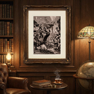 Antieke Fantasieprent Vintage Satire en Steampunk Poster