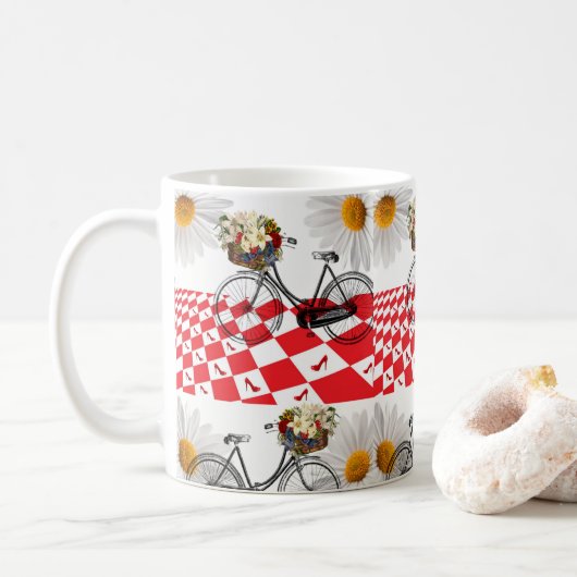 Antieke Fiets Rood Geruit Mokje Koffiemok (Met donut)