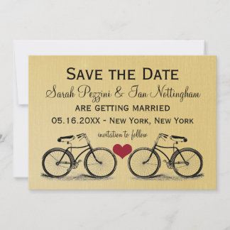 Antieke fiets save the date trouwkaarten