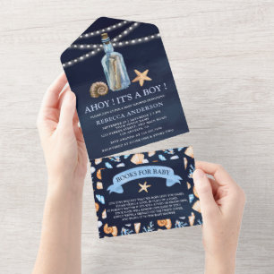 Antieke Fles met Bericht Navy Blauwe Baby Shower All In One Uitnodiging