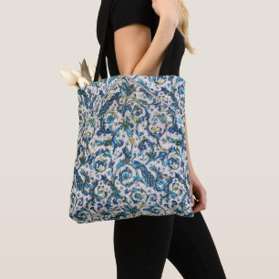 ANTIEKE FLORENTIJNSE TEALBLAUWE FLORALE,PAUWOOGEN, TOTE BAG