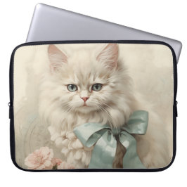 ANTIEKE FLUFFIGE WITTE KAT MET BLOEMEN LAPTOP SLEEVE