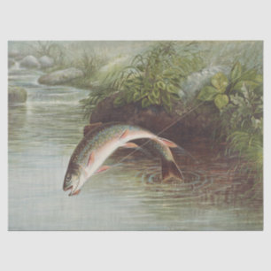 Antieke Fly Fishing Springende Beekforel Print Tissuepapier