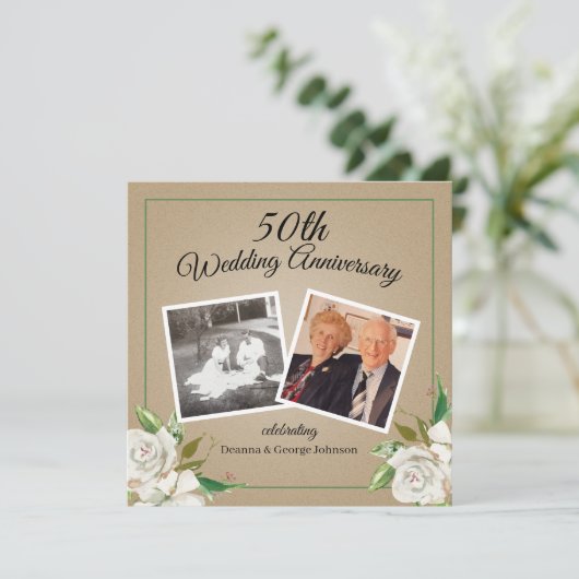 Antieke foto bloemen 50ste huwelijksverjaardag kaart (Staand voorkant)