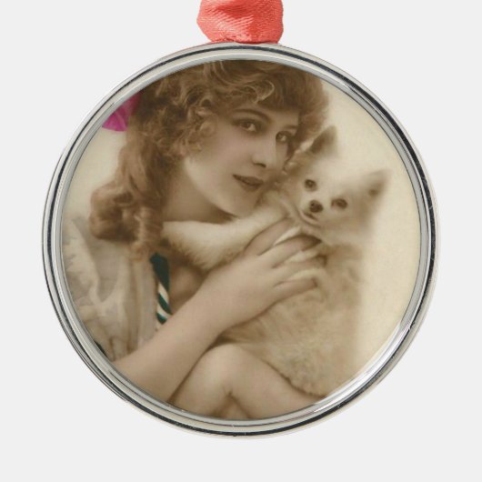 Antieke foto Victoriaanse vrouw met hond Metalen Ornament (Voorkant)