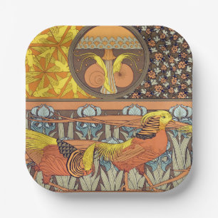 Antieke Franse Art Nouveau Natuur Vogel Patroon Papieren Bordje