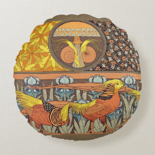Antieke Franse Art Nouveau Natuur Vogel Patroon Rond Kussen